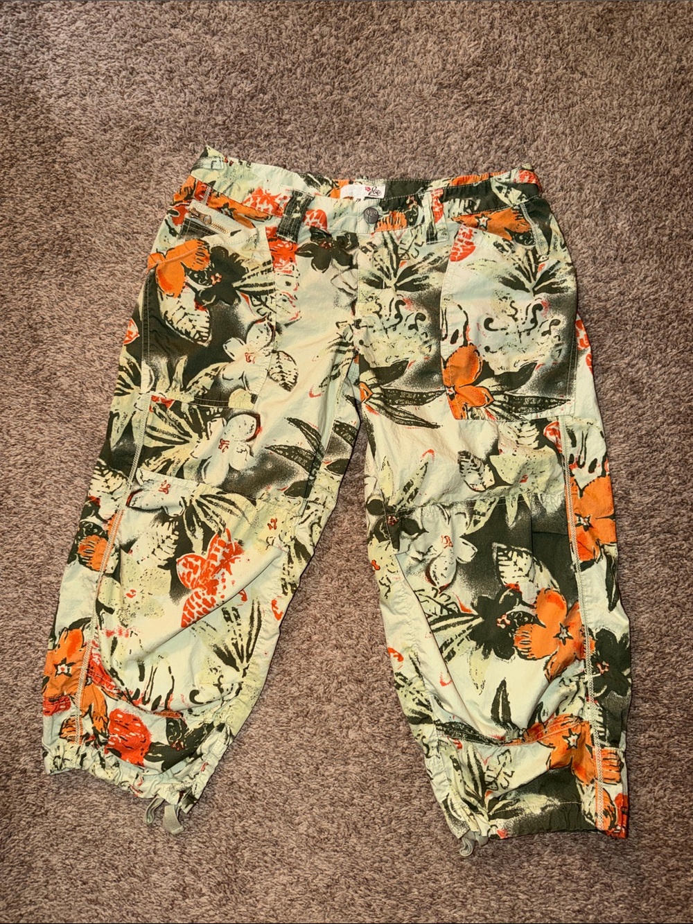 Joie ESTYLE Floral Cargo Capri Pants 100% Cotton Utility Crop Size 28 Y2K